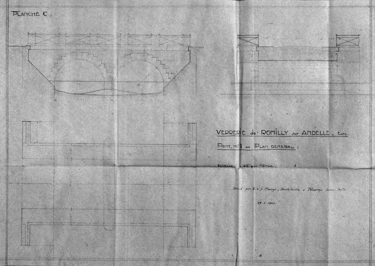 Pont n°1 (rue de la Gare), plan et coupes, par E. J. Mauge architecte, 1940 (Collection particulière).