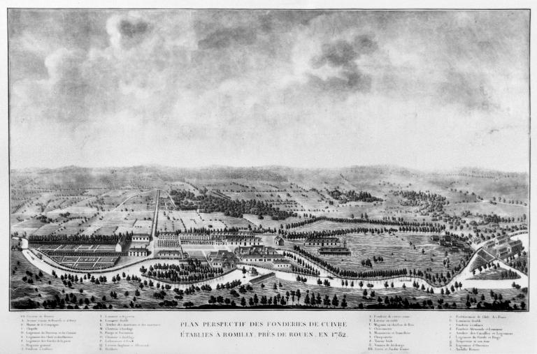Les fonderies royales de cuivre de Romilly-sur-Andelle fondée en 1782, vue perspective par l'architecte Charles-François Mandar, gravure en 1788 (Collection particulière). ; Vue perspective des fonderies de cuivre établies à Romilly près de Rouen en 1782, projet de l'architecte Mandar - réalisation partielle en 1782, totale en 1788 (Collection particulière). ; Plan perspectif des fonderies de cuivre établies à Romilly près de Rouen en 1782, par Charles-François Mandar architecte, 1788 (Collection particulière).