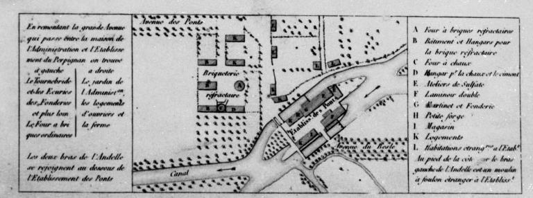 Plan légendé de l'usine des Ponts, par Le Brun et Cibèle, 1833 (Collection particulière). ; Plan légendé de l'usine des Ponts, par Le Brun et Cibèle, 1833 (Collection particulière).