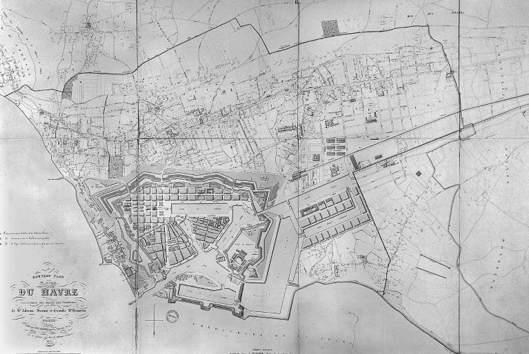 Plan de la ville du Havre avec l'enceinte de l'octroi. Débarcadère des voyageurs et débarcadère des marchandises.- Plan, par Materas, géomètre, 1853 (AM Le Havre).