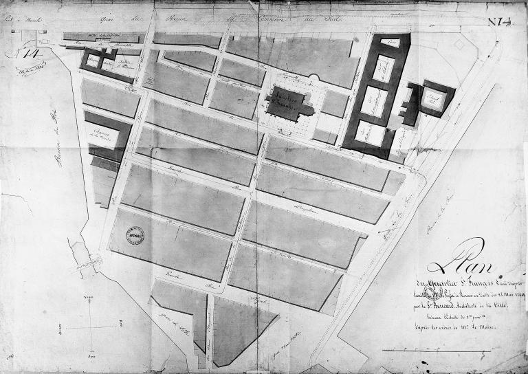 Plan du quartier Saint François. Bâtments de la manufacture des tabacs Prise d'eau du conduit de la rue du Grand Croissant.- Plan d'alignement, par Louis Boucard, 1809 (AM. Le Havre).