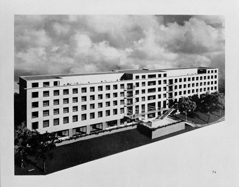 Projet de reconstruction du théâtre, maquette par Guy Lagneau et Raymond Audigier.- Photographie, par Gilbert Fernez, tirée de : Le Havre ville neuve/Le Havre : Le Large, 1954.