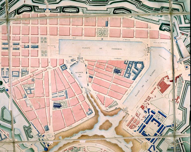 Le Havre et ses environs d'après les plans parcellaires du cadastre. Pli 6. Manufacture de tabacs.- Plan aquarellé, par Henri de Saint-Génis, 1843 (A.M. Le Havre).