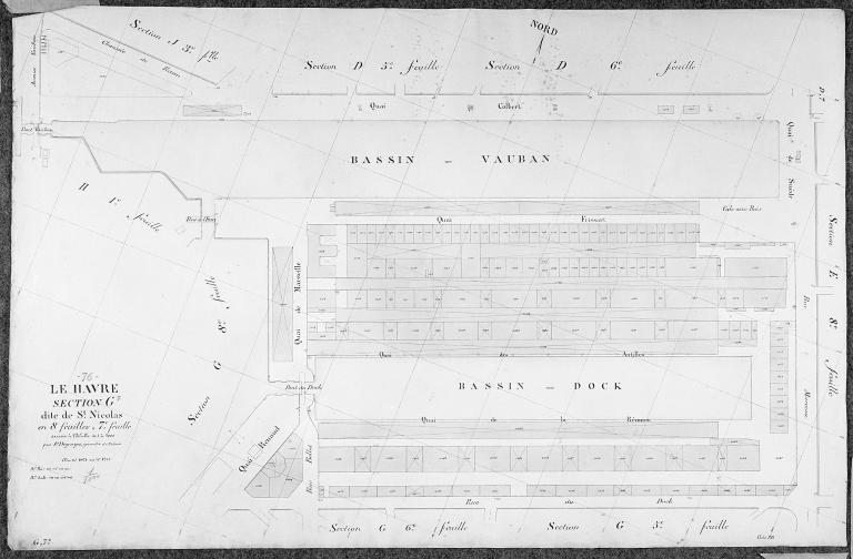 Le bassin Vauban et le bassin Dock.- Plan cadastral, 1895-96 (AM. Le Havre). ; Cadastre du Havre, section G7 dite de Saint-Nicolas.- Plan cadastral, 1895-96 (AM Le Havre).