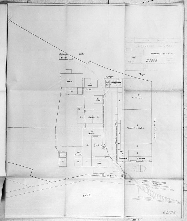 Plan d'ensemble de l'usine chimique des établissements Rhône-Poulenc, 1/500e, 08/03/1947, (A.D. Seine-Maritime, 5 M 789).