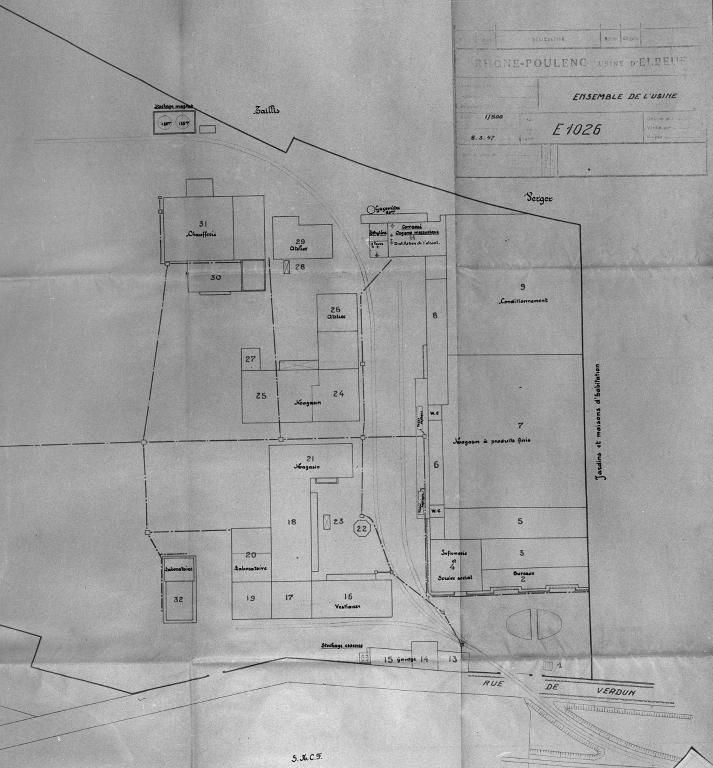 Plan d'ensemble de l'usine chimique des établissements Rhône-Poulenc, 1/500e, 08/03/1947, (A.D. Seine-Maritime, 5 M 789).