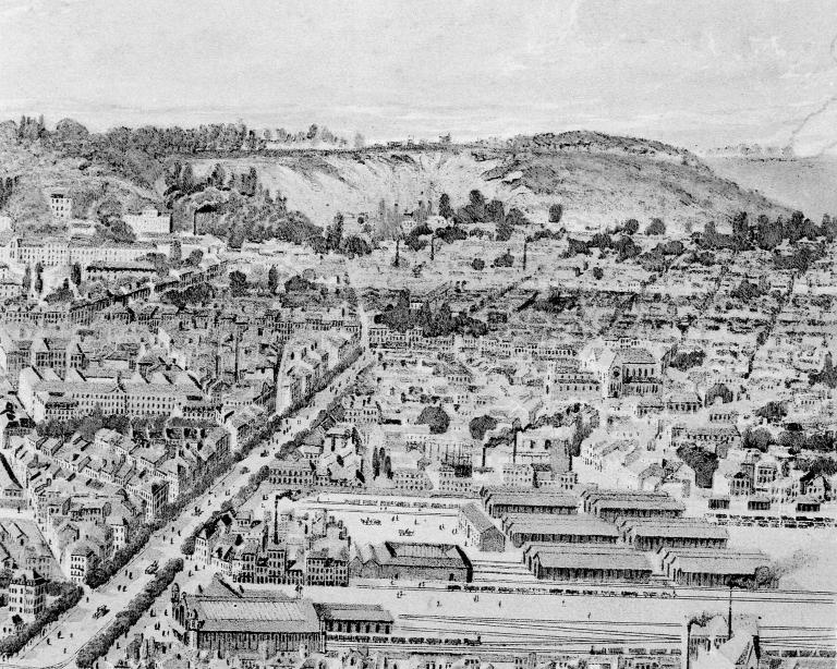 Vue du Havre en ballon [en bas à droite les Grands Moulins de Corbeil].- Aquarelle, vers 1890 (Musées historiques du Havre). ; Vue du Havre en ballon [au centre, à droite de l'usine à gaz, la fonderie Ricard et Duchesne].- Aquarelle, 1883 (Musée de l'Ancien Havre).