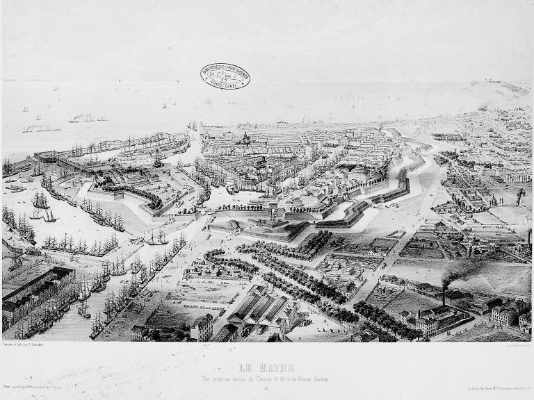 LE HAVRE. Vue prise au dessus du Chemin de fer et du bassin Vauban [en bas débarcadère des voyageurs].- Dessin et lithographie par A. Guesdon, Imprimé par Lemercier, vers 1850 (BM Pont Audemer. Fonds Canel).