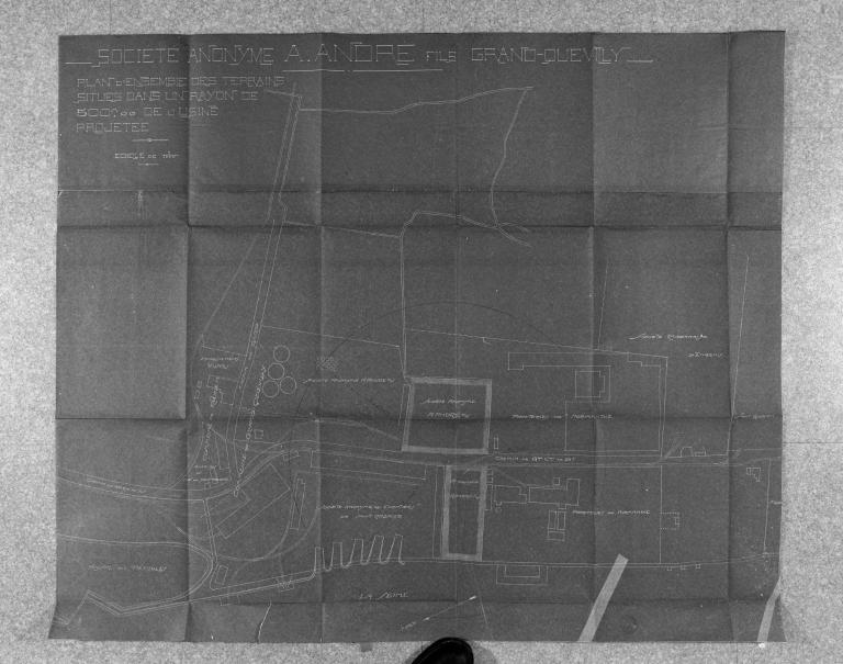 Plan d'ensemble des terrains situés dans un rayon de 500m de l'usine projetée, 1/1000e, vers 1904 (AD Seine-Maritime 5 M 516).