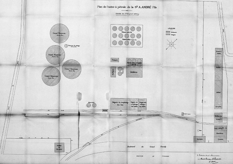 Plan de l'usine à pétrole de la S.A. A. André fils, 1/200e, vers 1920 (AD Seine-Maritime 5M 516).