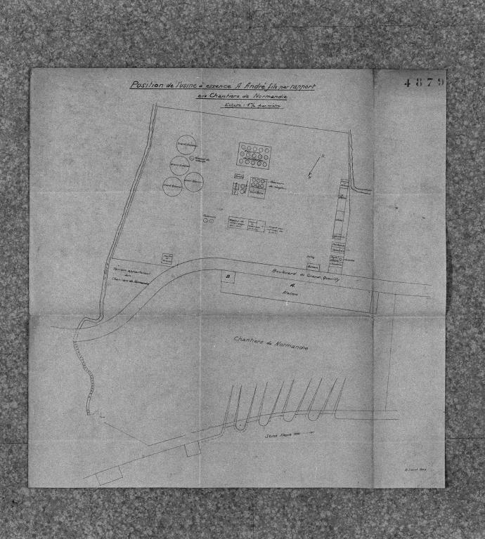 Plan de situation, position de l'usine à essence A. ANdré fils par rapport aux Chantiers de Normandie, 1/1000e, 1904 (AD Seine-Maritime 5 M 516).