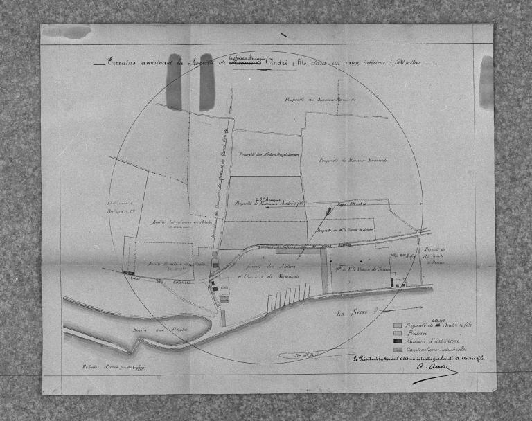 Plan de situation, terrains avoisinant la propriété de la S.A. André et Fils dans un rayon inférieur à 500m, 1/2500, vers 1904 (AD Seine-Maritime 5 M 516).