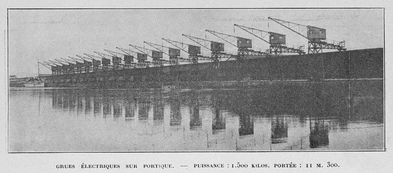 Grues électriques Caillard sur portique, puissance 1500Kw.-Photographie, tirée de : l'Illustration économique et financière, 1923 (A.M. Le Havre).