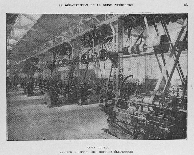 Usine du Hoc, usinage des moteurs électriques.- Photographie ancienne, vers 1920, tirée de : L'illustration économique, 1923 (BM Rouen)