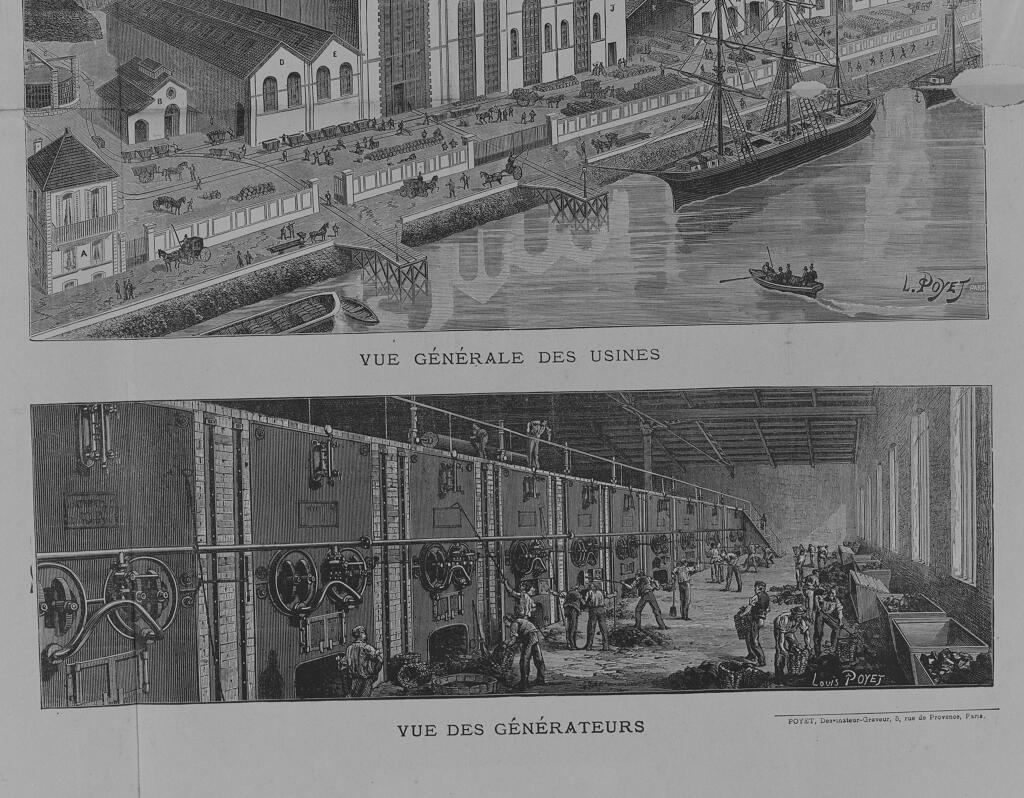 Vue des générateurs, affiche parue dans le supplément au "Journal des Tirages Financiers" du 05/11/1882, par Poyet dessinateur-graveur, (B.M. Rouen, fonds Fortin).