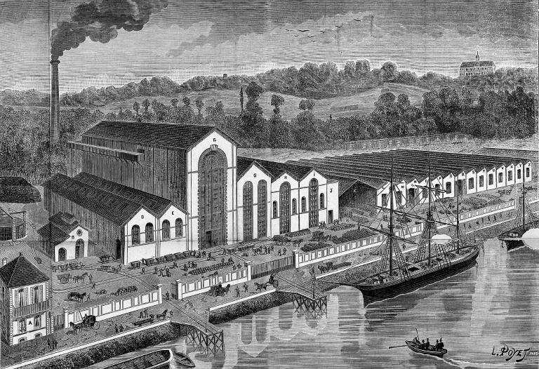 Vue générale de l'usine , affiche parue dans le suplément au "Journal des Tirages Financiers" du 05/11/1882, par Poyet dessinateur-graveur, (B.M. Rouen, fonds Fortin).