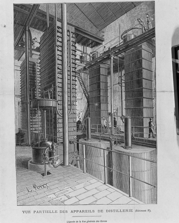 Vue partielle des appareils de distillerie, affiche parue dans le suplément au "Journal des Tirages Financiers" du 05/11/1882, par Poyet dessinateur-graveur, (B.M. Rouen, fonds Fortin).