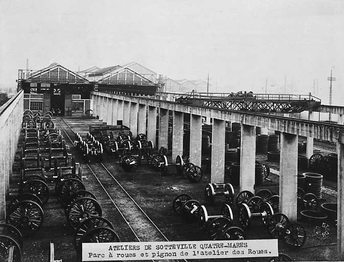 Parc à roues et pignon de l'atelier de réparation des roues.