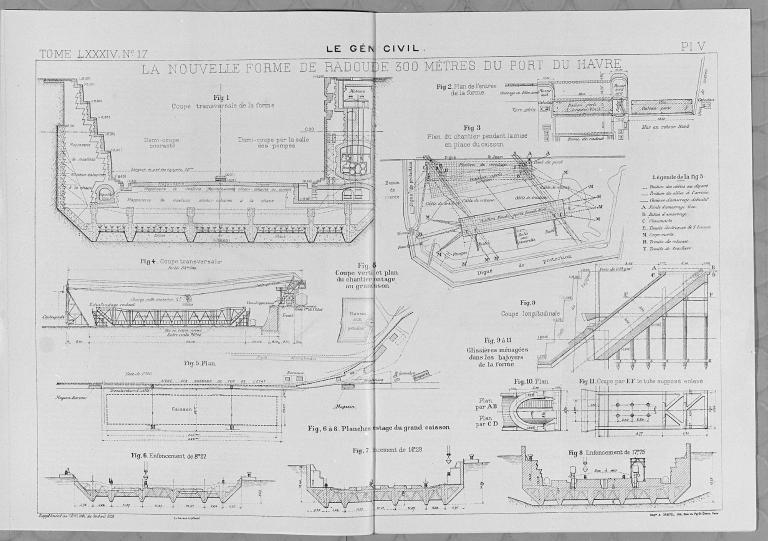La nouvelle forme de radoub.- Plans, tirés de : Le Génie civil, tome LXXXIV, n°17, pl. V, supplément au Génie civil du 26 avril 1924 (B.M. Le Havre).