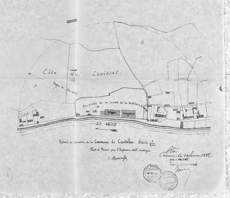 Plan de situation de la distillerie, par Mairesse ingénieur, 1/2500e, 1882 (A.D. Seine-Maritime, 5 M 390).