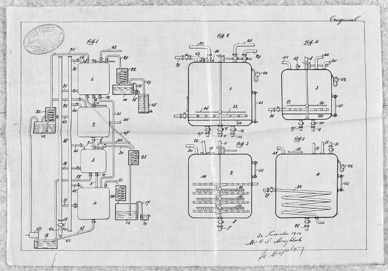 Usine Maybluch d'épuration du gaz, plans des installations de désulfuration, 1/10e, 1901 (A.D. Seine-Maritime, 5 M 395).