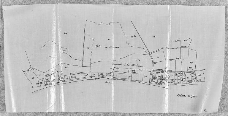 Plan de situation de la distillerie, par Mairesse ingénieur, 1/2500e, 1882 (A.D. Seine-Maritime, 5 M 390).