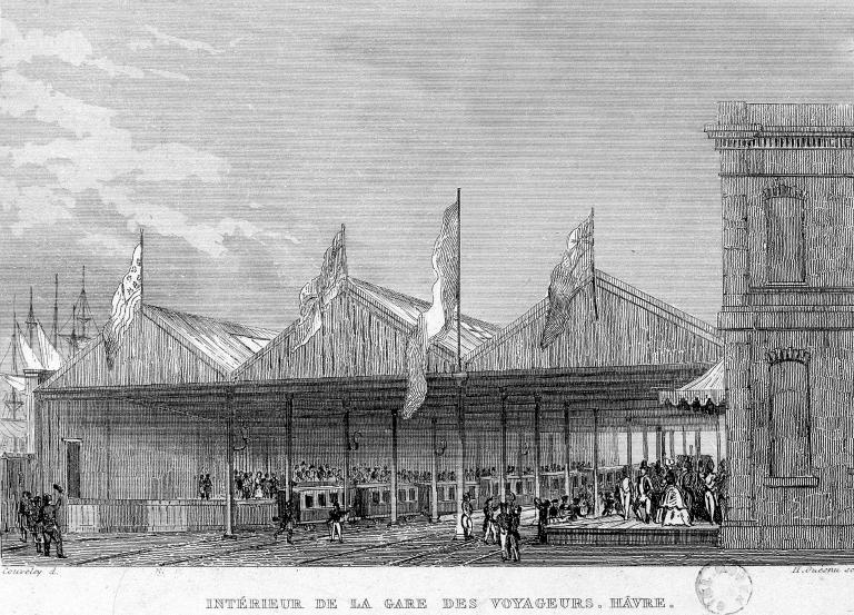 INTERIEUR DE LA GARE DES VOYAGEURS. HAVRE.- Dessin par Couveley, gravure par H. Guesnu (BM. Rouen).