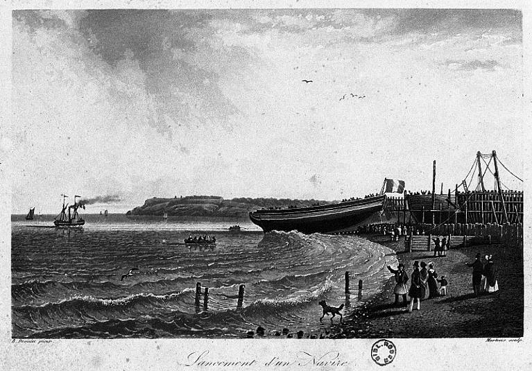 Lancement d'un navire.- dessin par B. Drouin, gravure par Martens, vers 1830 (BM Rouen).