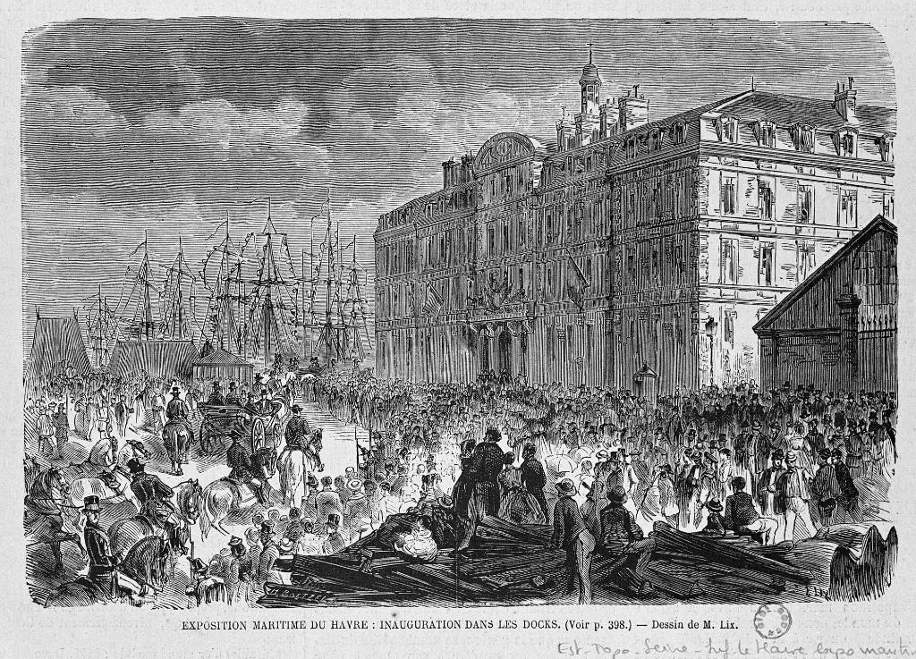 Inauguration dans les Docks [Pavillon des Docks].- Gravure par Boetzel, 1865 (BM Rouen)