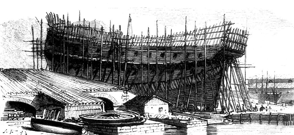 Construction navale sur le Perrey.- Gravure, vers 1850, tirée de : Hier le Havre/ Le Havre : 1994-1997.