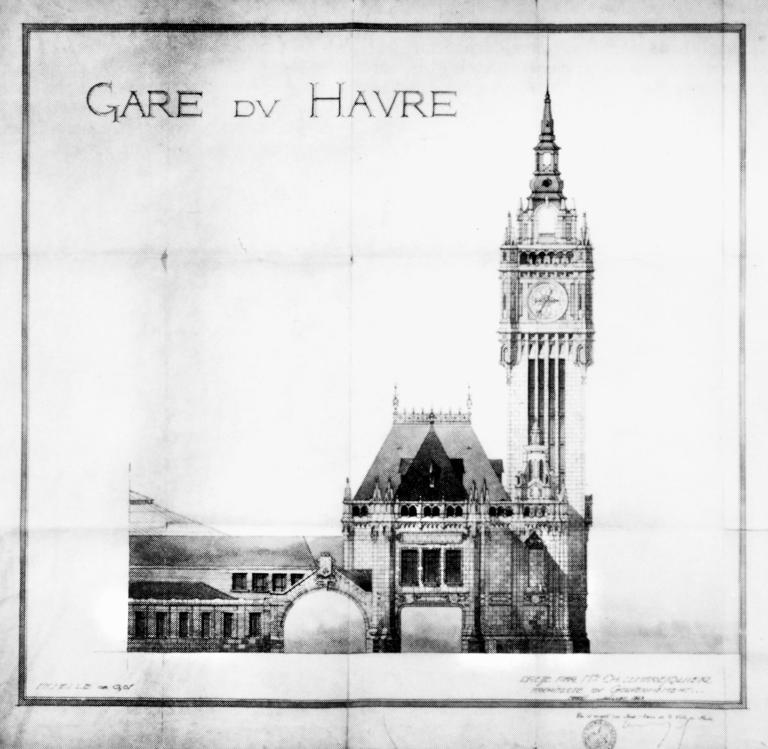 Gare du Havre. Projet.-Elévation, par Charles Lemaresquier, tirée de : Monuments, monuments /catalogue par Christiane Maubant et Frank Duboc, 1984