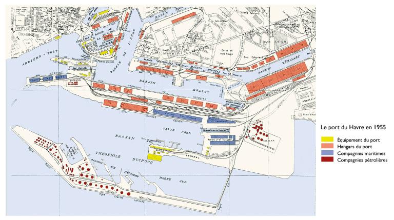Plan de répartition des hangars du port.- Plan, par Guillaume Gaillard, sur fond de plan de la ville du Havre par R. Vinot, 1953.