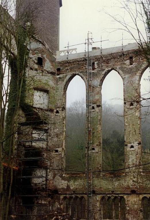 Vue détaillée de l'élévation nord de la grande filature pendant les travaux de confortement des baies ogivales (Photographie EPFN, 1998).