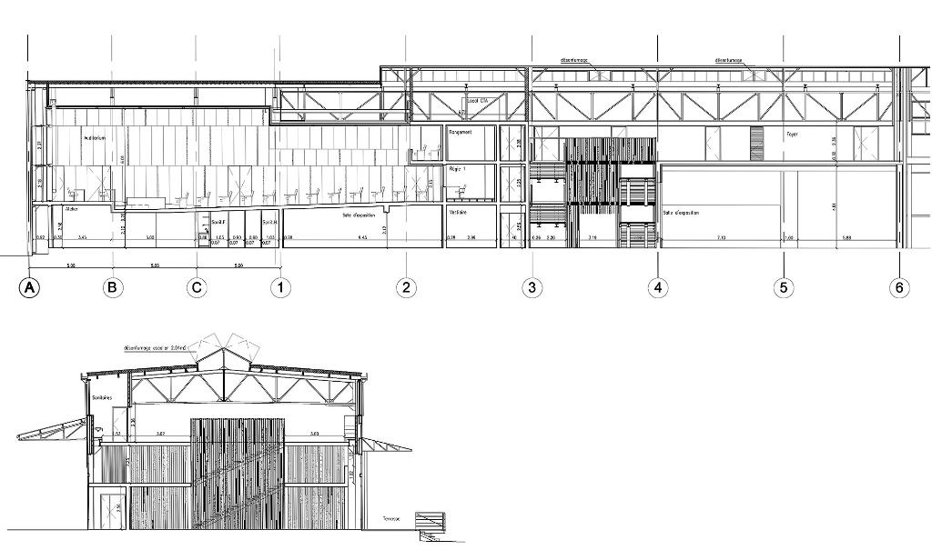 Coupes longitudinale et transversale, dossier de permis de construire.- Dessin, agence Bigoni-Mortemard, 2010 (Coll. part.).