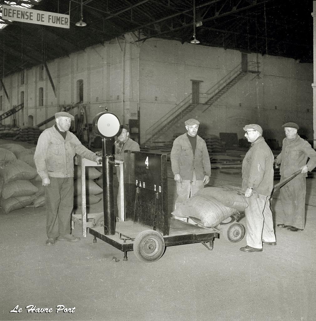 Vue intérieure, pesée des sacs de café.- Photographie, vers 1950 (Grand port maritime du havre)..