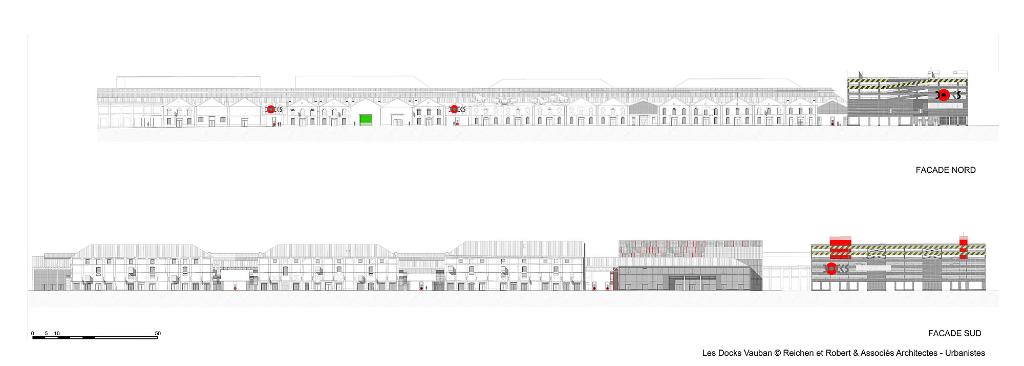 Façades Nord et Sud du projet de reconversion, Reichen et Robert & Associés Architectes-Urbanistes.- Elévations, 2002 (Coll. Reichen et Robert & Associés Architectes-Urbanistes).