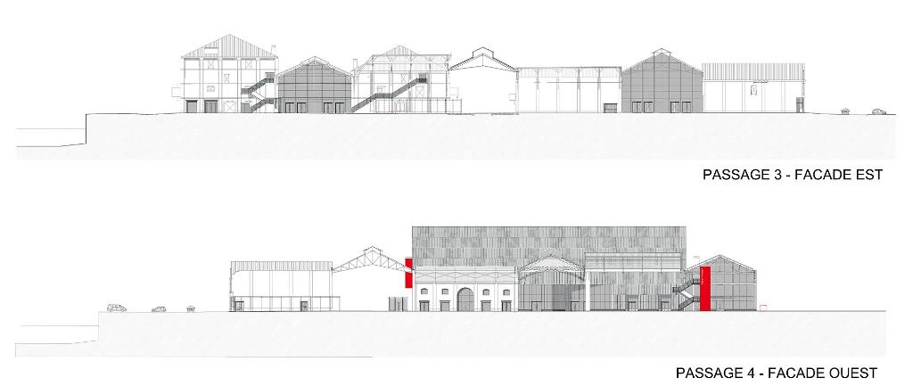 Façades Est et Ouest du projet de reconversion.- Coupe et élévation, 2002 (Coll. Reichen et Robert & Associés Architectes-Urbanistes).