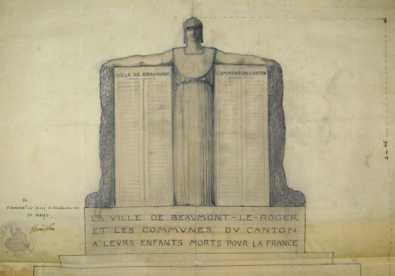 Projet de monument pour Beaumont-le-Roger, calque, 1920, détail. (AD Eure série 140 T).