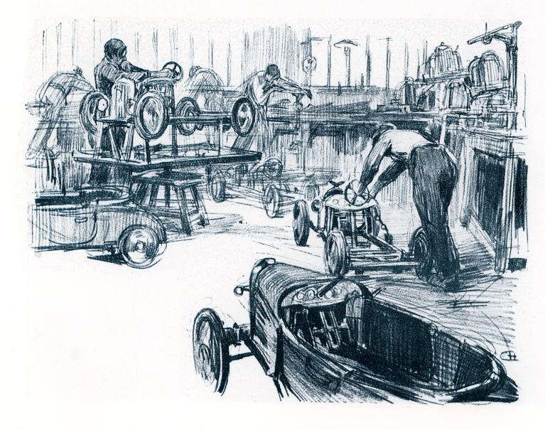 Chaine de montage des automobiles à pédales Euréka, dessin par Xavier Grandvoinet (premier directeur technique de l'usine), 1934 (Collection particulière).