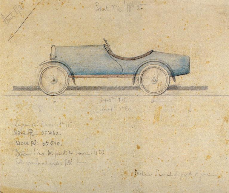Dessin préparatoire, profil d’une automobilet à pédales Euréka, modèle Sport n°2/27, par Xavier Grandvoinet, 1926 (Collection particulière).