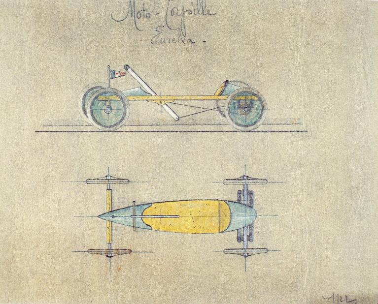 Dessins préparatoires, profil et vue du dessus, de moto-torpille rameur Euréka, par Xavier Grandvoinet, 1922 (Collection particulière).