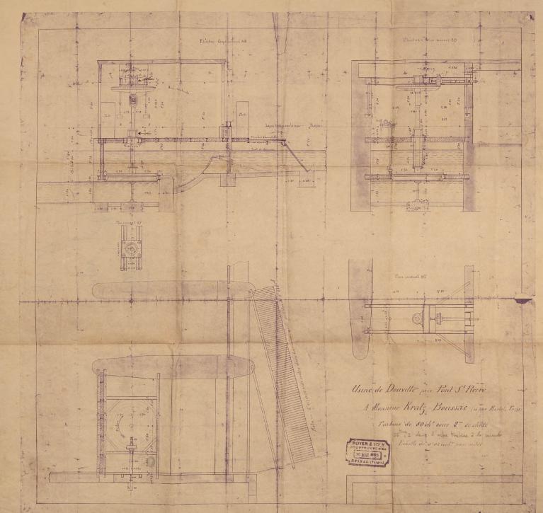Coupes, élévation de la turbine Royer et Joly.- Plan, 1905 (Collection particulière).