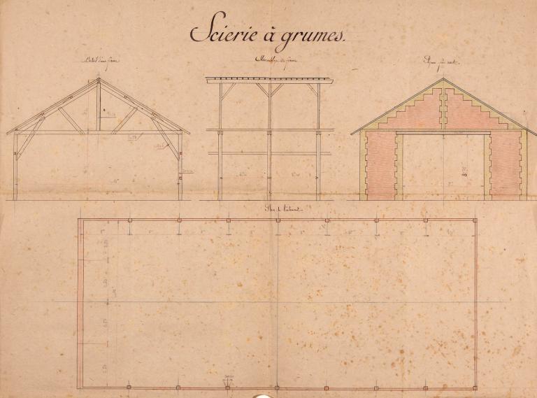 Plan, élévation, détail et assemblage d’une ferme de la scierie à grumes, s.d. (Collection particulière).