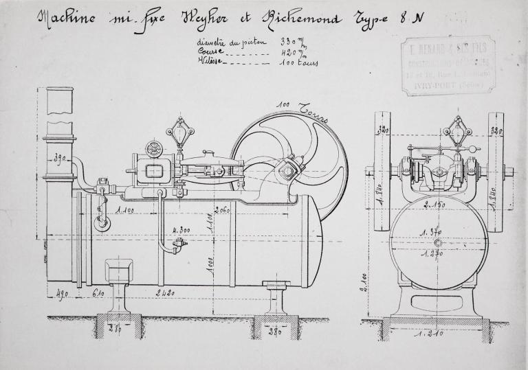 Dessin de la machine à vapeur Weyher et Richemond installée dans l’usine, vers 1910 (Collection particulière).