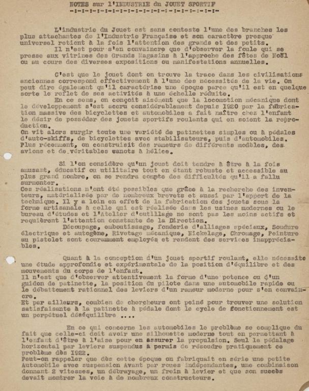 Notes sur l'industrie du jouet sportif, s.d. (Collection particulière).