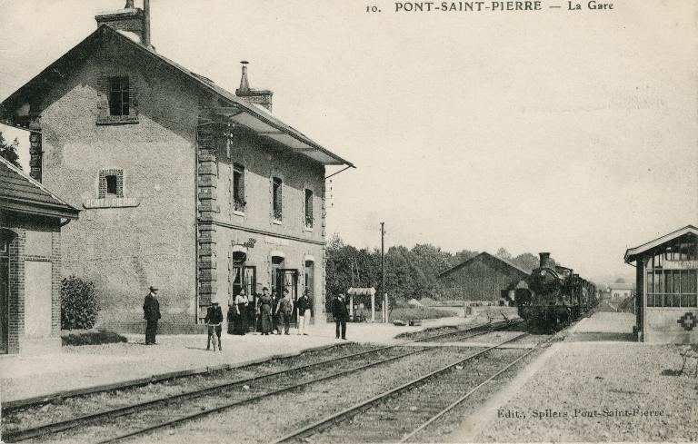 La gare.- Carte postale, éd. Spilers, Pont-Saint-Pierre, vers 1910 (Collection particulière).
