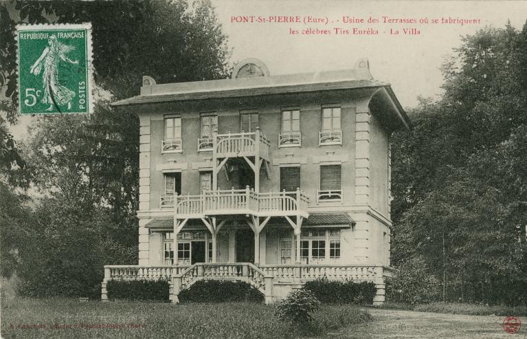 Usine des Terrasses où se fabriquent les célèbres Tirs Euréka. La villa [du PDG].- Carte postale, ed. Cahagne, Douville-sur-Andelle, vers 1930 (Collection particulière).