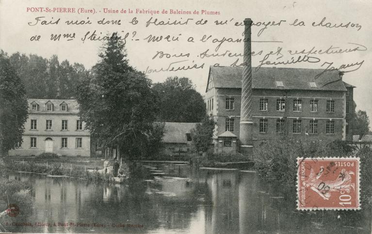 Usine de la Fabrique de Baleines de Plumes.- Carte postale, ed. A. Cauchois, cliché Mercier, vers 1910 (Collection particulière).