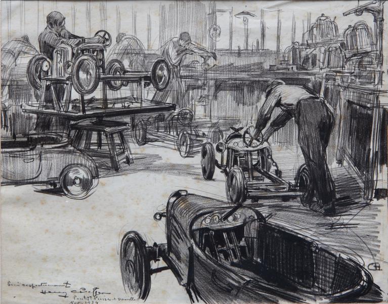 Chaine de montage des automobiles à pédales Euréka, dessin par Xavier Grandvoinet (premier directeur technique de l'usine), 1934 (Collection particulière).