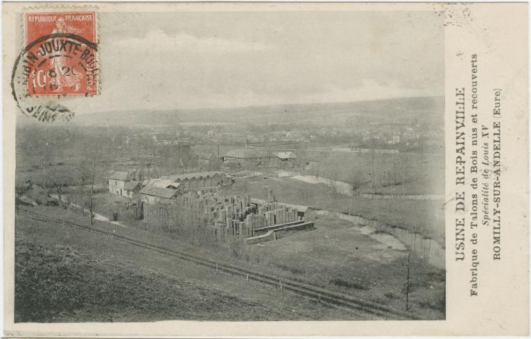 Usine de Repainville, fabrique de talons de bois nus et recouverts - spécialitée de Louis XV.- Carte postale, vers 1920 (Collection particulière).